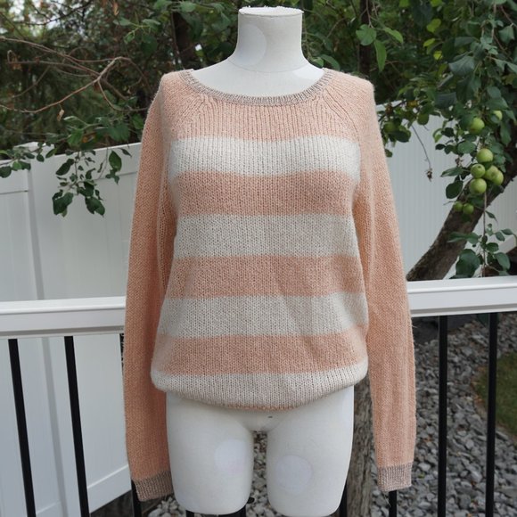 Cream and Pastel Pink Striped Knit Sweater - Picture 2 of 5